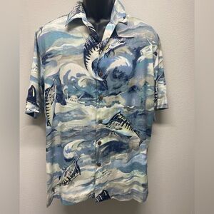 Mens Caribbean Hawaiian Shirt Silk Fishing Boat Tropical Vacation Size M Medium